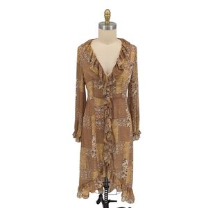 19989 Beyond the Radar Paisley Chiffon Ruffle Dress Brown size Large patchwork